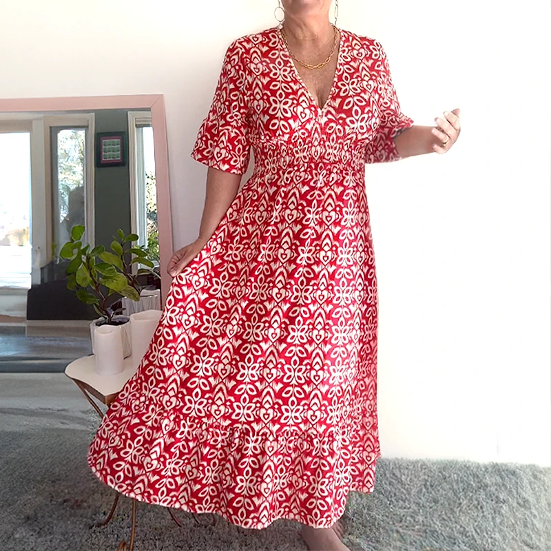 Bohemian casual print V-neck waist wrap long dress