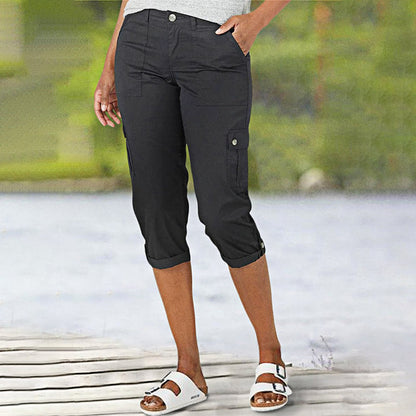 Multi-Pocket Solid Color Casual Cargo Capri Pants