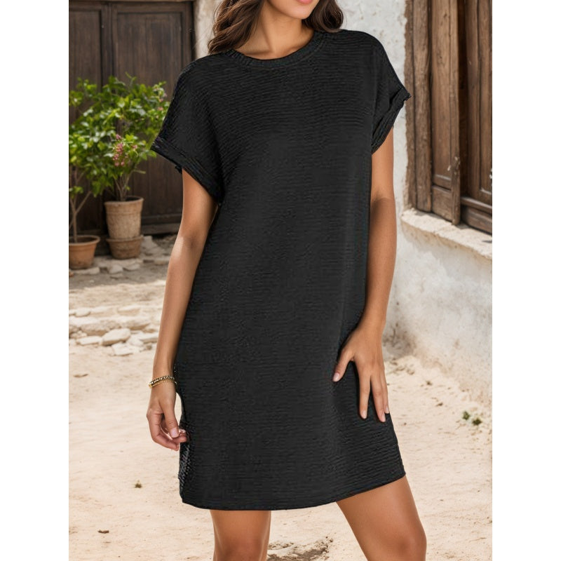 Women's Loose Roll Sleeve Pocket Solid Color Dresses