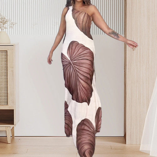 Time-limited Special Palm Print One-Shoulder Slim Maxi Dress