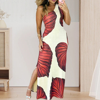 Time-limited Special Palm Print One-Shoulder Slim Maxi Dress